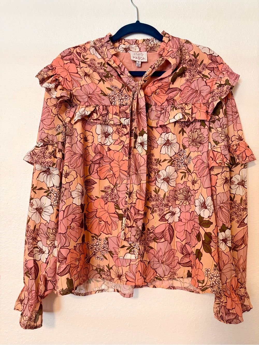Koko & Mason Peach-Pink Floral Tie-Neck Ruffle Blouse